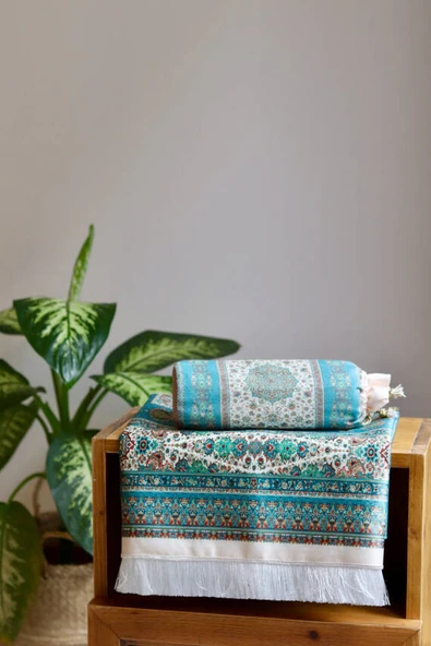 Halı Desenli İpek Dokulu Keseli Seccade Turkuaz - Resim 4