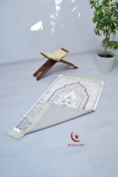 Lüks Hediyelik Çeyizlik Simli Kadife Seccade Pembe - Resim 3