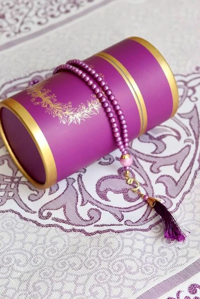 Silindir Kutulu Seccade ve İnci Tesbih Seti Mor Renk - Resim 3