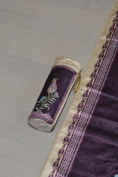 Pratik ve Taşınabilir İpek Dokulu Lale Desenli Keseli Seccade Mor - Resim 5