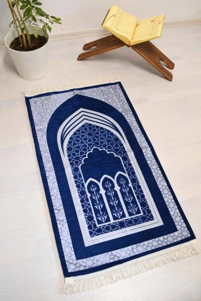 Mihrap Desenli Astarlı Seccade Saks Mavi - Resim 5