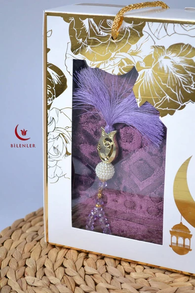 Özel Kutulu Hediyelik Lüks Kadife Dokuma Seccade ve Kristal Tesbih Seti Mor - Resim 2