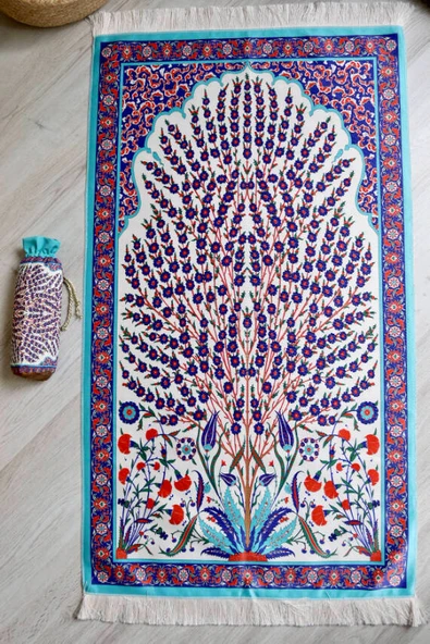 Çini Desenli İpek Dokulu Keseli Seccade Kırmızı - Resim 5