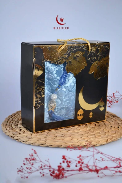 Özel Kutulu Hediyelik Lüks Kadife Dokuma Seccade ve Kristal Tesbih Seti Koyu Mavi ürün görseli