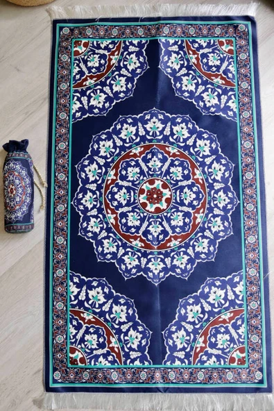 Halı Desenli İpek Dokulu Keseli Seccade Lacivert Renk - Resim 4