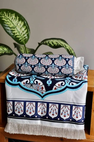 Lale Desenli İpek Dokulu Keseli Seccade Mavi Renk - Resim 3