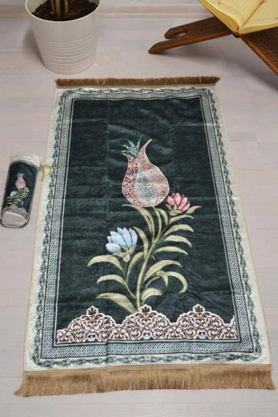 Pratik ve Taşınabilir İpek Dokulu Lale Desenli Keseli Seccade Yeşil ürün görseli