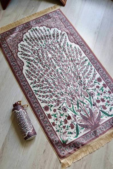 Çini Desenli İpek Dokulu Keseli Seccade Gül Kurusu - Resim 3