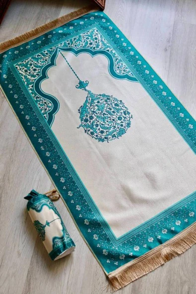 Mihrap Desenli İpek Dokulu Keseli Seccade Turkuaz Renk - Resim 4
