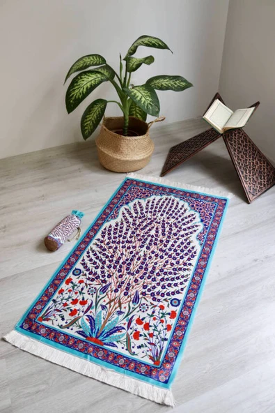 Çini Desenli İpek Dokulu Keseli Seccade Kırmızı ürün görseli