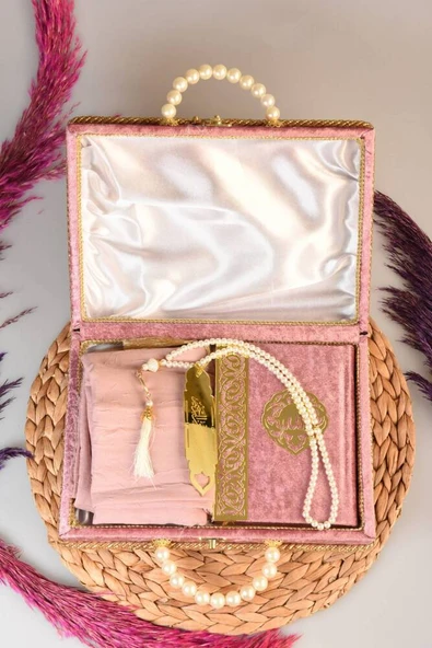 İnci Ahşap Kadife Kutulu Kuran-ı Kerim Çeyizlik-Hediyelik Set Gül Kurusu Renk - Resim 2