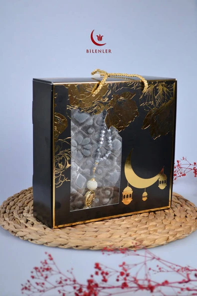 Özel Kutulu Hediyelik Lüks Kadife Dokuma Seccade ve Kristal Tesbih Seti Füme ürün görseli 1