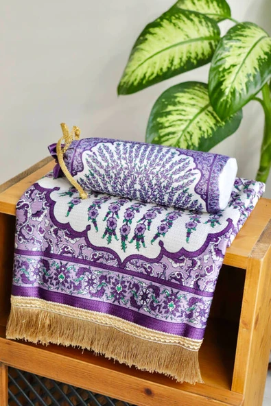 Çini Desenli İpek Dokulu Keseli Seccade Mor - Resim 4