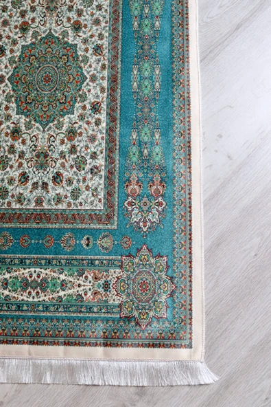 Halı Desenli İpek Dokulu Keseli Seccade Turkuaz - Resim 3