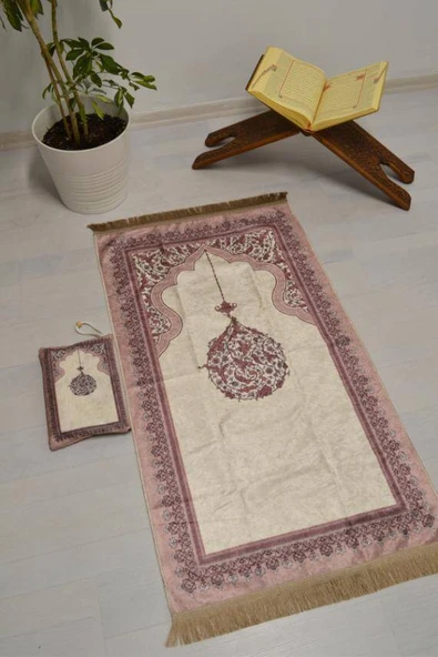 Pratik ve Taşınabilir İpek Dokulu Mihrap Desenli Çantalı Seccade Gül Kurusu - Resim 6