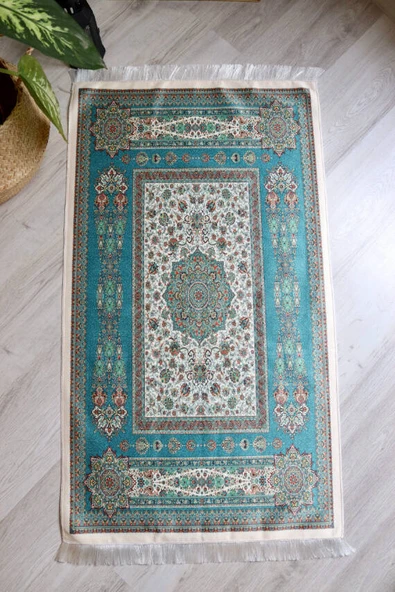Halı Desenli İpek Dokulu Keseli Seccade Turkuaz - Resim 2