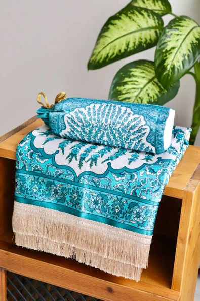 Çini Desenli İpek Dokulu Keseli Seccade Turkuaz - Resim 4