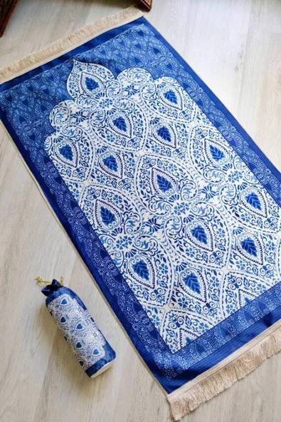 Rumi Desenli İpek Dokulu Keseli Seccade Lacivert Renk - Resim 2