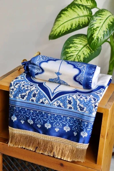 Mihrap Desenli İpek Dokulu Keseli Seccade Lacivert Renk - Resim 4