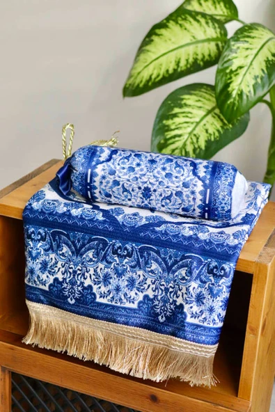 Gülhan Desenli İpek Dokulu Keseli Seccade Lacivert Renk - Resim 3