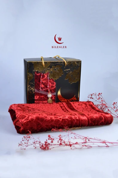 Özel Kutulu Hediyelik Lüks Kadife Dokuma Seccade ve Kristal Tesbih Seti Kırmızı - Resim 3