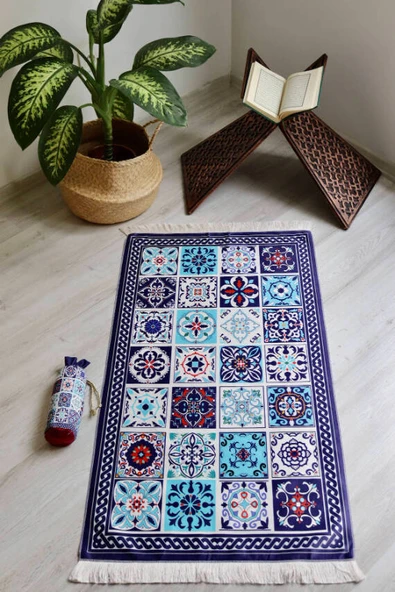 40 Yama Desenli İpek Dokulu Keseli Seccade Lacivert - Resim 2