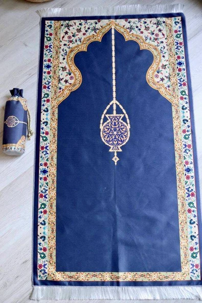 Mihrap Desenli İpek Dokulu Keseli Seccade Koyu Mavi - Resim 4