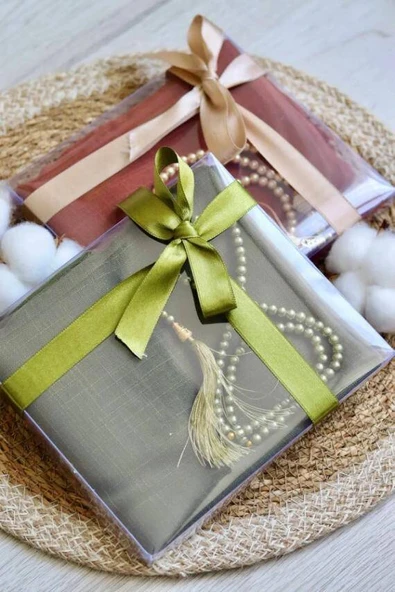 Hediyelik Mevlitlik Eşarp ve İnci Tesbih Set 1 Adet Yeşil - Resim 3