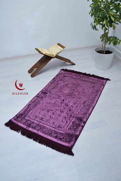 Özel Kutulu Hediyelik Lüks Kadife Dokuma Seccade ve Kristal Tesbih Seti Mor - Resim 3