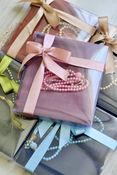 Hediyelik Mevlitlik Eşarp ve İnci Tesbih Set 1 Adet Gül Kurusu - Resim 4