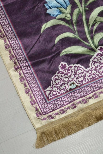 Pratik ve Taşınabilir İpek Dokulu Lale Desenli Keseli Seccade Mor - Resim 2