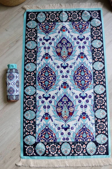 Çini Desenli İpek Dokulu Keseli Seccade Açık Mavi - Resim 4