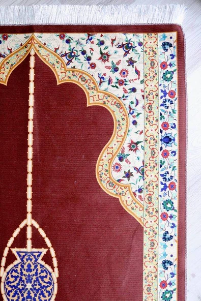 Mihrap Desenli İpek Dokulu Keseli Seccade Koyu Kırmızı Renk - Resim 3
