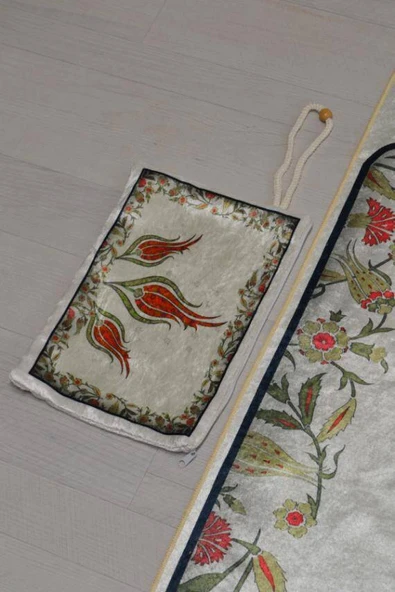 Pratik ve Taşınabilir İpek Dokulu Lale Desenli Çantalı Seccade - Resim 5