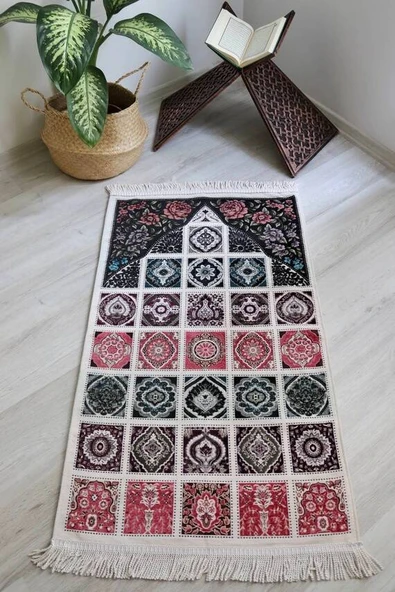 40 Yama Desenli Astarlı  Seccade Siyah - Resim 2