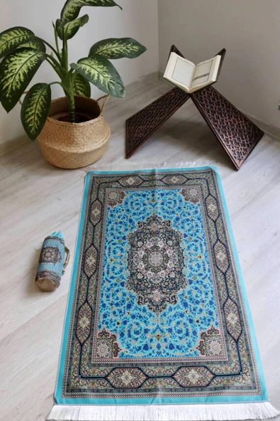 Halı Desenli İpek Dokulu Keseli Seccade Açık Mavi - Resim 5