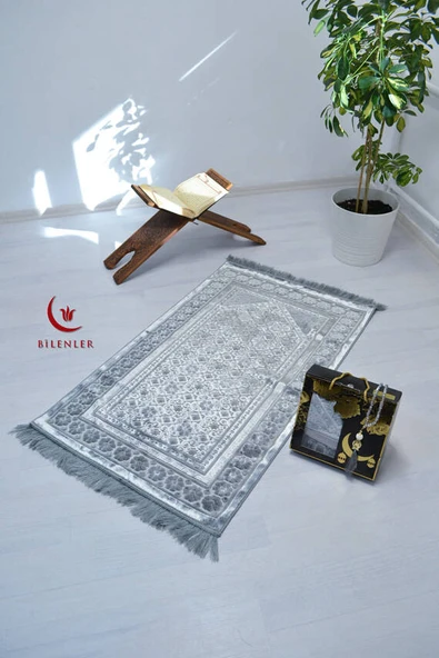 Özel Kutulu Hediyelik Lüks Kadife Dokuma Seccade ve Kristal Tesbih Seti Füme - Resim 3