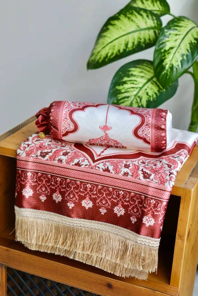 Mihrap Desenli İpek Dokulu Keseli Seccade Kırmızı Renk - Resim 4