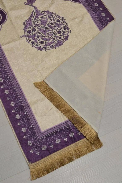 Pratik ve Taşınabilir İpek Dokulu Mihrap Desenli Çantalı Seccade Mor - Resim 4