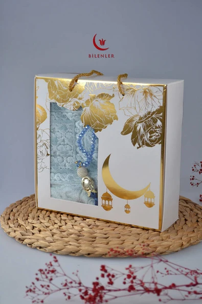 Özel Kutulu Hediyelik Lüks Kadife Dokuma Seccade ve Kristal Tesbih Seti Açık Mavi ürün görseli 1