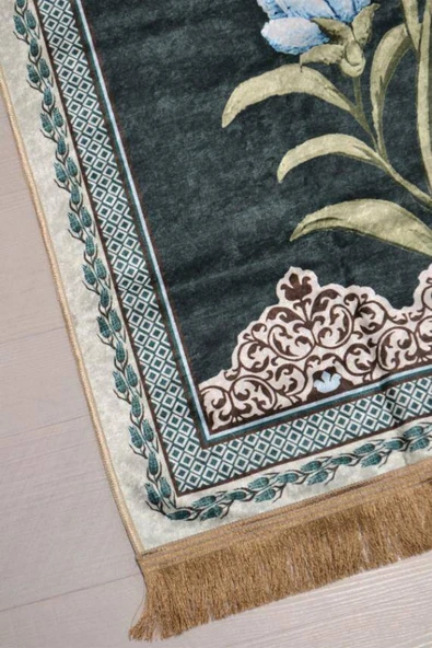 Pratik ve Taşınabilir İpek Dokulu Lale Desenli Keseli Seccade Yeşil - Resim 2