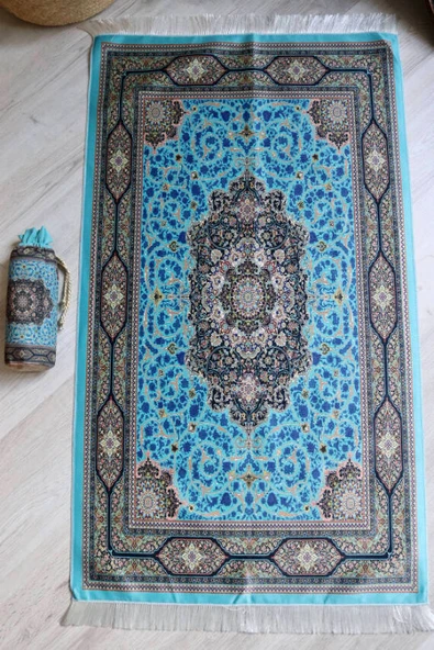 Halı Desenli İpek Dokulu Keseli Seccade Açık Mavi - Resim 2