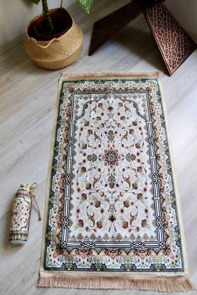 Gülhan Desenli İpek Dokulu Keseli Seccade Krem Renk - Resim 2