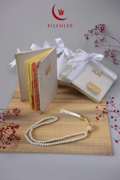 Kutulu Kadife Yasin ve İnci Tesbih Seti Beyaz 10 Adet - Resim 3