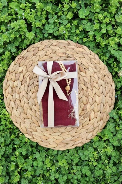 Hediyelik Mevlitlik Eşarp ve İnci Tesbih Set 1 Adet Bordo - Resim 4