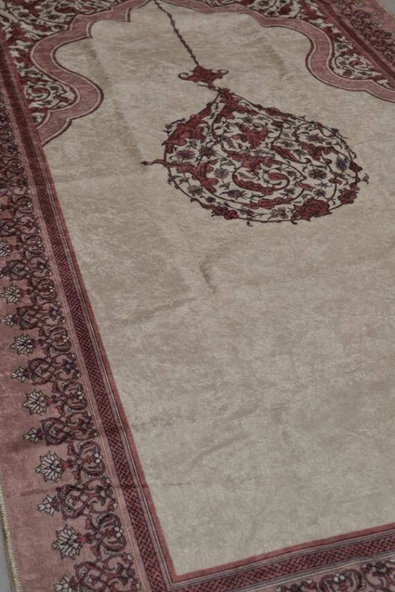 Pratik ve Taşınabilir İpek Dokulu Mihrap Desenli Çantalı Seccade Gül Kurusu - Resim 4