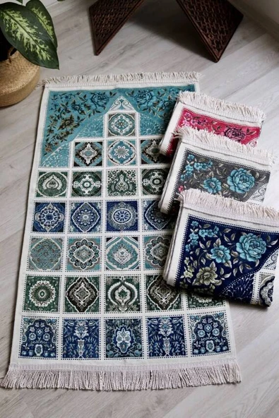 40 Yama Desenli Astarlı Seccade Mavi - Resim 5