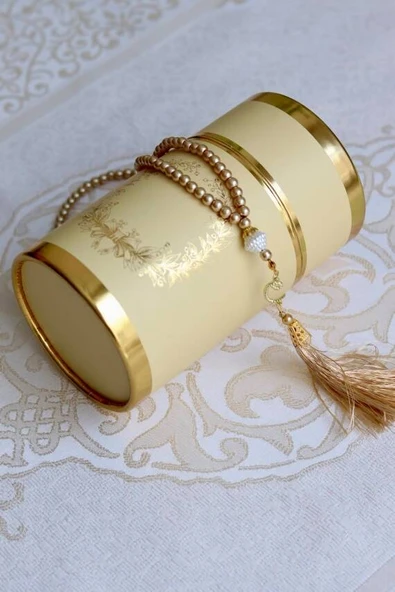 Silindir Kutulu Seccade ve İnci Tesbih Seti Gold Renk - Resim 2
