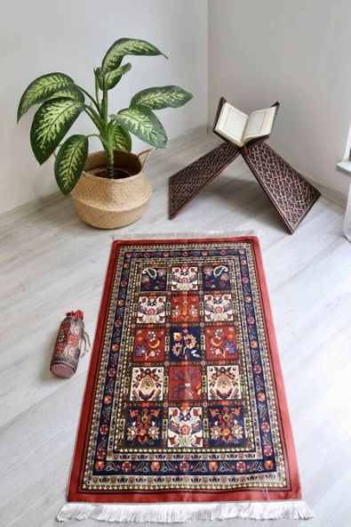 40 Yama Desenli İpek Dokulu Keseli Seccade Kırmızı - Resim 4