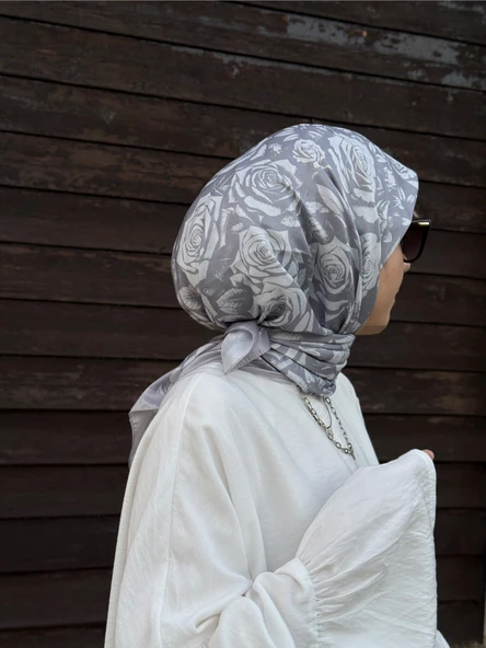 Pamuklu Soft Roza Desen Eşarp-Gümüş - 2